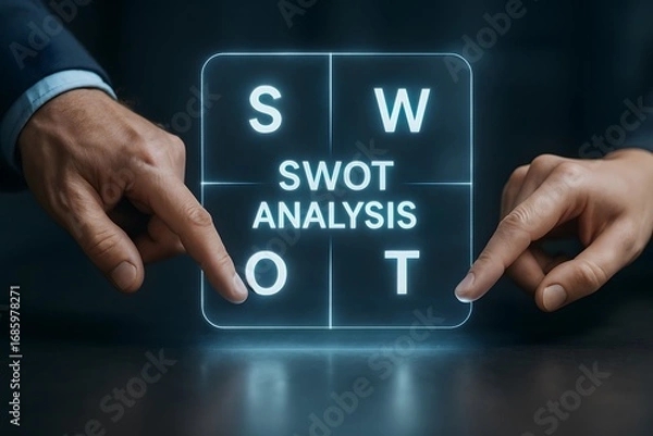 Fototapeta An image highlighting a business swot analysis with a person touching the SWOT. 