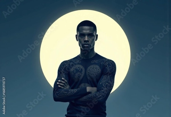 Fototapeta Individual with moon conceptual design, showcasing a striking silhouette and intricate tattoos