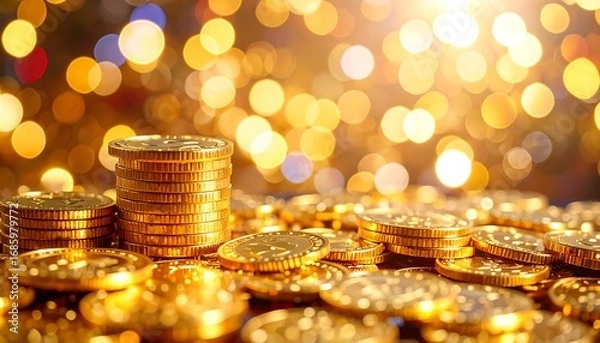 Fototapeta Close-up of shiny gold coins stacked and scattered, illuminated by festive bokeh lights
