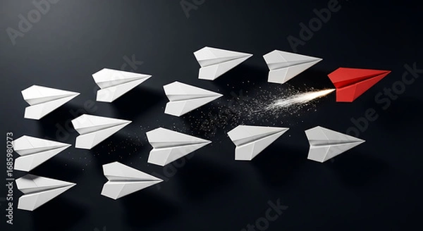 Fototapeta Inspiring red paper airplane leads white flock, sparking innovation and forward momentum towards success.