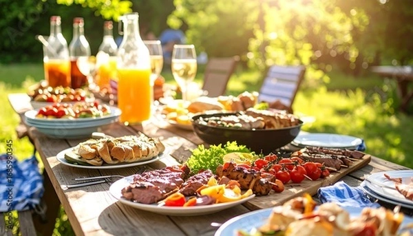 Obraz Outdoor table filled with BBQ food, drinks, and sunlight, suggesting summer time