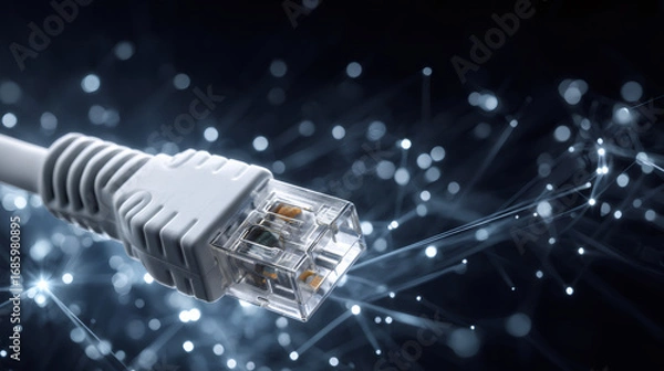 Fototapeta White ethernet cable on dark background with fiber optic light trails. Internet connection for network communication.