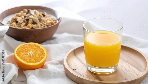 Fototapeta A breakfast scene with a glass of orange juice, cereal bowl, and a sliced orange