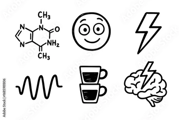 Obraz Caffeine Doodles Collection. Caffeine icons: hand drawn doodles of caffeine molecule, alert face, lightning bolt, energy wave,