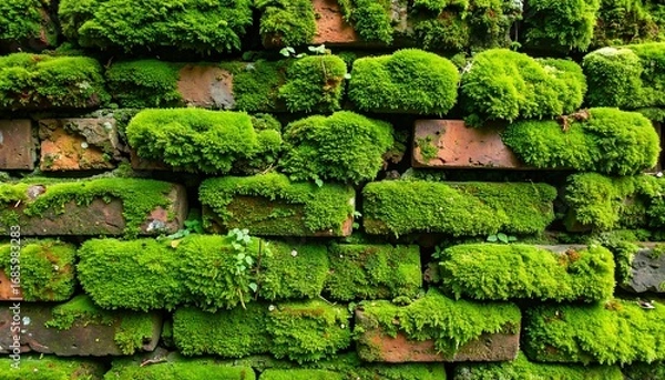 Fototapeta Close-up of a textured brick wall densely covered with vibrant green moss, showcasing natural decay