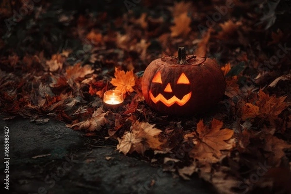 Obraz Spooky Jack-o'-lantern glowing amongst autumn leaves with a small candle light