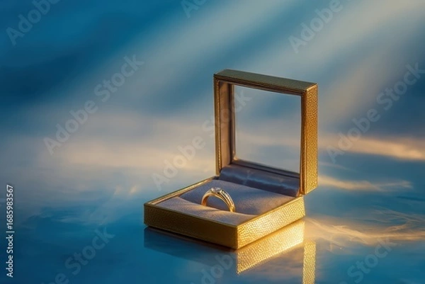 Obraz Stunning diamond ring nestled in a velvet box under golden sunset rays, a symbol of eternal love and commitment