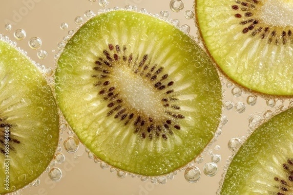 Obraz Close-up of sliced golden kiwi fruit with refreshing bubbles in water