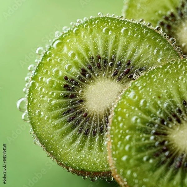 Obraz Close-up of refreshing kiwi slices with tiny bubbles on a vibrant green background