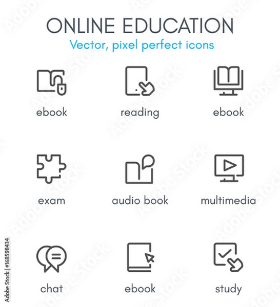 Obraz Online education theme, line icon set.