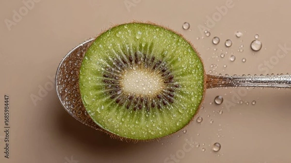 Obraz Half of a juicy kiwi fruit with water droplets on a spoon, close-up macro shot