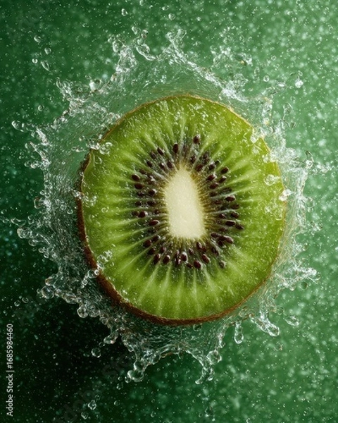 Obraz Fresh kiwi slice splashing into water, creating a vibrant and refreshing visual