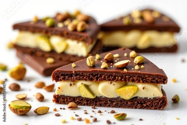 Fototapeta Close-up of three chocolate bars with creamy filling and sprinkled with pistachios on a white background, detailed view of layered desserts with nuts and smooth textures