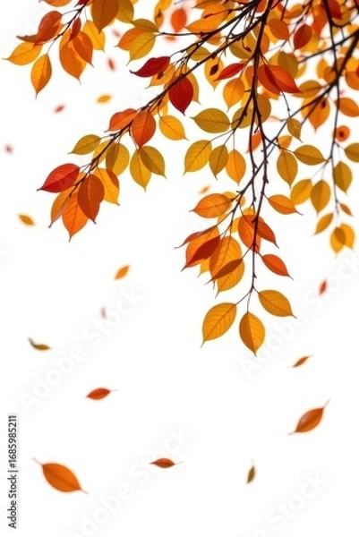 Fototapeta Bright autumn foliage on a tree with orange and yellow leaves falling against a white background, showcasing seasonal change and natural outdoor scenery