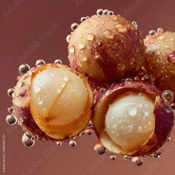 Obraz Juicy lychee fruits glistening with water droplets and surrounded by bubbles, a refreshing tropical delight