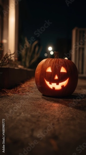 Obraz Spooky Halloween Jack-o-Lantern glowing in the dark with a carved face