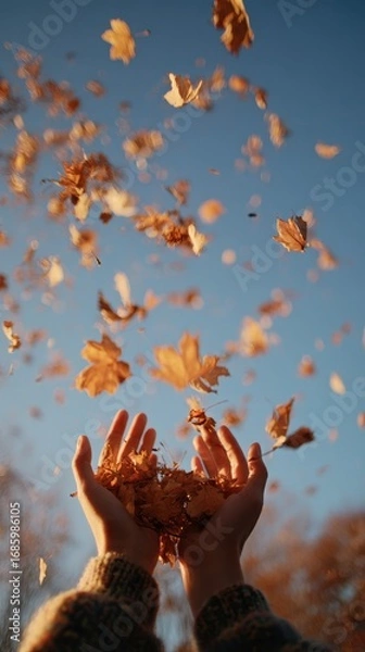 Obraz Autumn leaves falling from cupped hands against a clear blue sky
