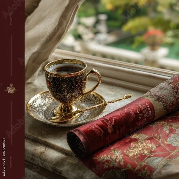 Obraz Luxury cup of coffee on a marble windowsill with ornate fabric