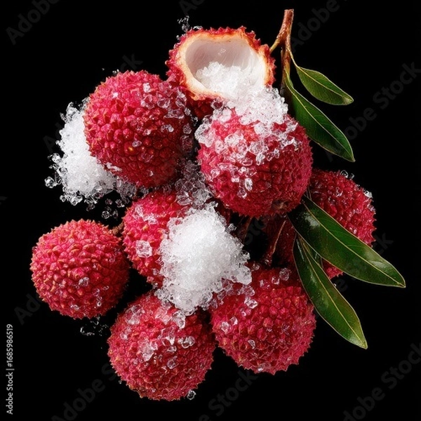 Obraz Fresh Lychee Fruits with Ice and Green Leaves Isolated on Black Background