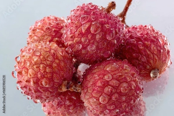 Obraz Fresh lychee fruits with water droplets on a white background, close-up shot