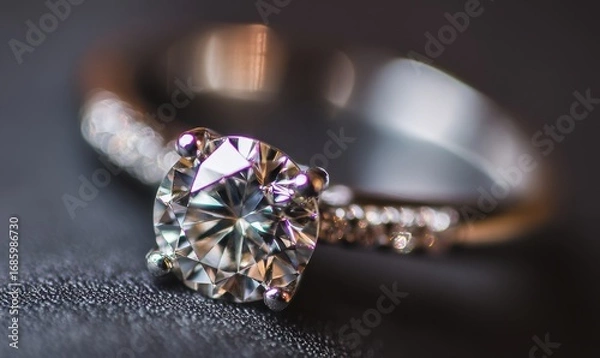 Obraz Close-up of a sparkling diamond engagement ring on a dark surface