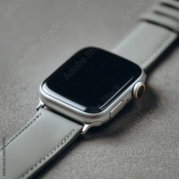 Obraz Modern smart timepiece with a sleek silver casing and a stylish grey band
