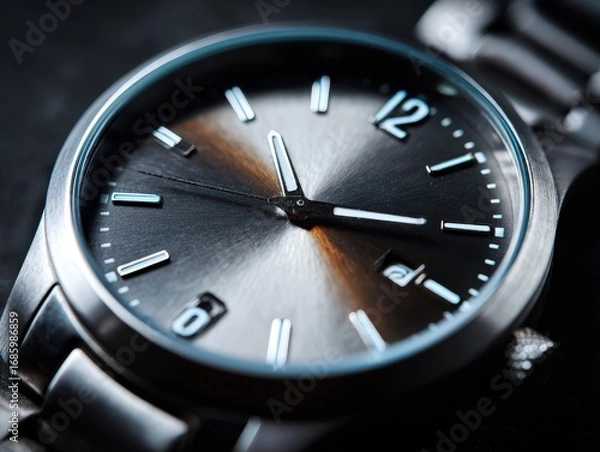 Obraz Close-up of a luxury wristwatch with a brushed metal dial and metallic hands
