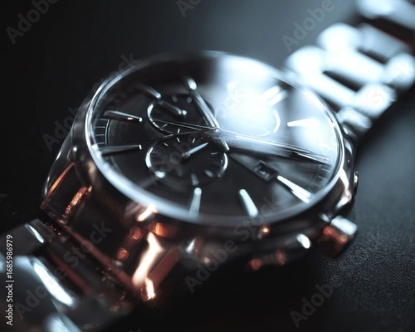 Obraz Close-up of a stylish metallic wristwatch with a dark dial and silver accents