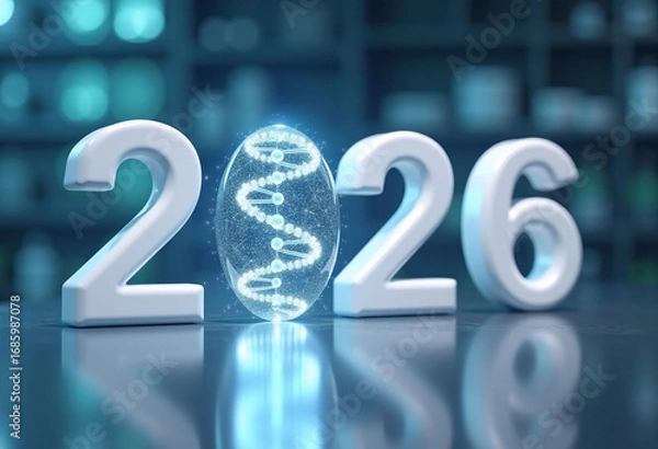 Fototapeta 2026 numbers with glowing dna double helix sphere on futuristic laboratory background. Biotech concept of research brands and science promotions