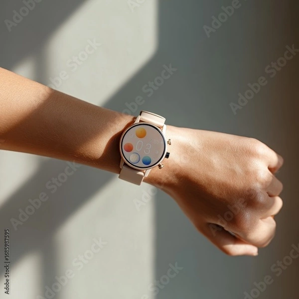 Obraz Close up of a person's wrist wearing a modern smart watch with a colorful display
