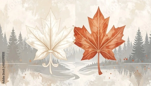 Fototapeta Two maple leaves, one white and one red-orange, set against a backdrop of a misty forest and water