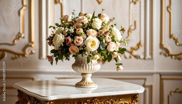 Fototapeta A lush floral arrangement in a classic vase, on a marble table with ornately decorated background