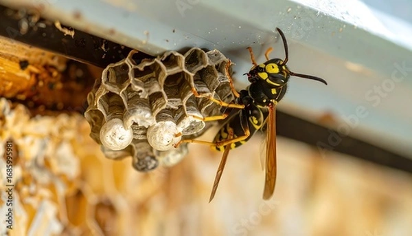 Fototapeta Close-up of a yellow and black insect clinging to a paper nest with hexagonal cells