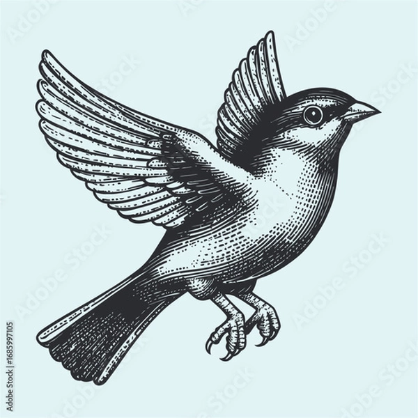 Fototapeta Detailed Hand-Drawn Illustration of a Bird in Flight with Spread Wings