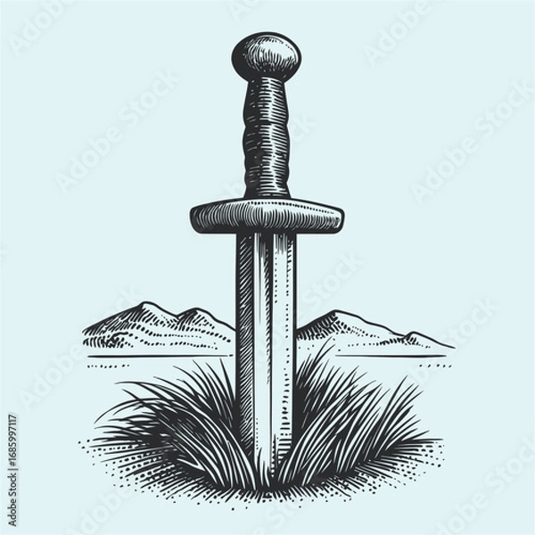 Fototapeta Classic Illustration of a Sword Embedded in Grass with Mountains in Background