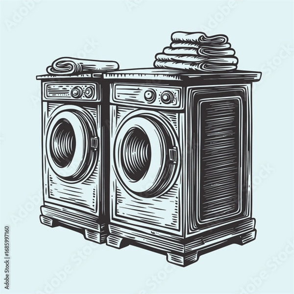 Fototapeta Vintage Style Laundry Machines with Freshly Folded Towels on Top