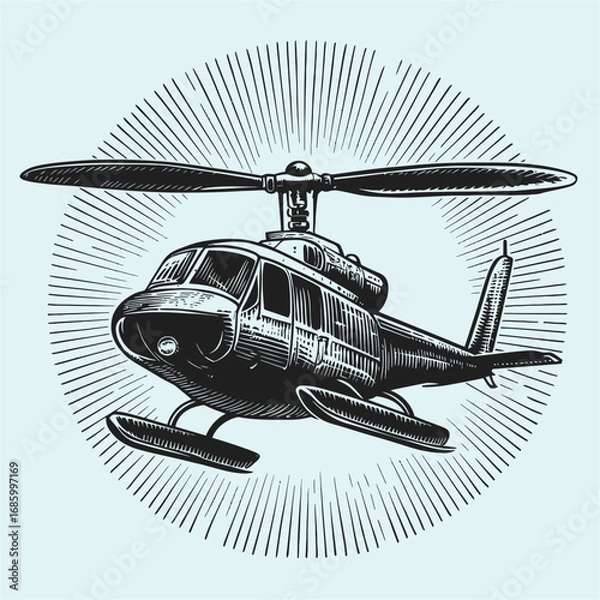 Fototapeta Vintage Helicopter Illustration with Rays and Retro Style Design