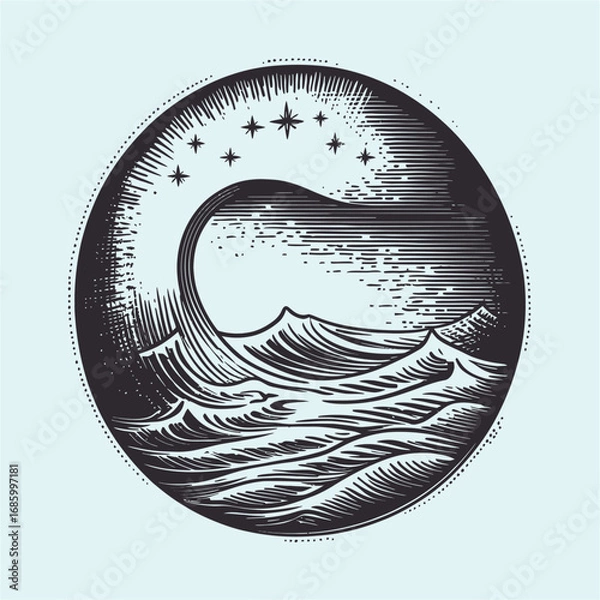 Fototapeta Vintage Ocean Wave Illustration with Stars in a Circular Frame Design