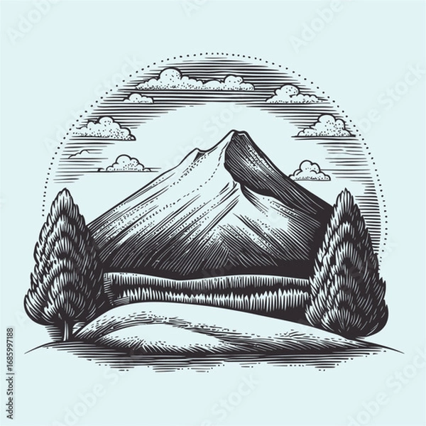 Fototapeta Majestic Mountain Landscape with Trees and Clouds in Vintage Style