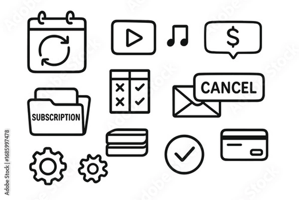 Fototapeta Subscription Management Icons. Subscription management doodle icon set: hand drawn icons of calendar renewal, streaming icons,