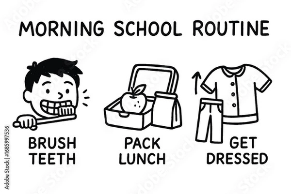 Fototapeta Morning School Routine. Morning school routine doodle set: hand drawn icons for brushing teeth, packing lunch, and getting dressed