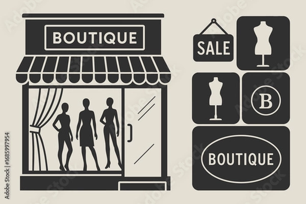 Fototapeta Boutique Display Icon Set. Vector banner featuring boutique window display and storefront icon set for sale sign, mannequin poses,