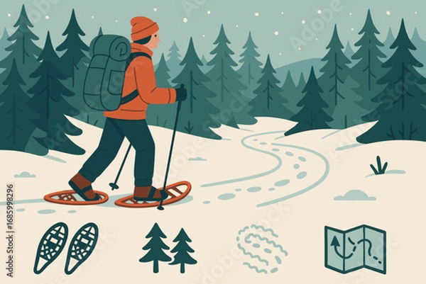 Fototapeta Snowshoe Hike Adventure. Illustrated banner of snowshoe hike in forest and nature icon set for snowshoes, pine trees, frost trail