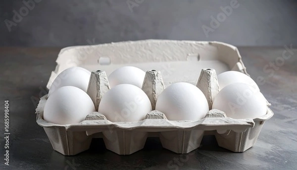 Fototapeta Eight large white eggs rest inside a cardboard carton, against a mottled grey backdrop