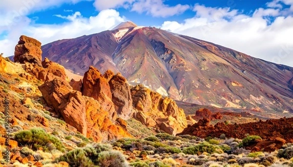 Fototapeta A vibrant landscape of an imposing mountain range, and striking reddish-brown rock formations