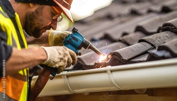 Fototapeta A construction worker welds on a rooftop gutter wearing a hard hat, glasses, and protective gear
