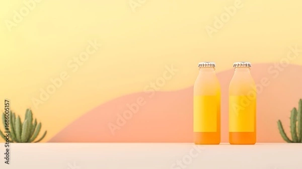 Obraz Two tall bottles of orange juice with desert plants and soft lighting