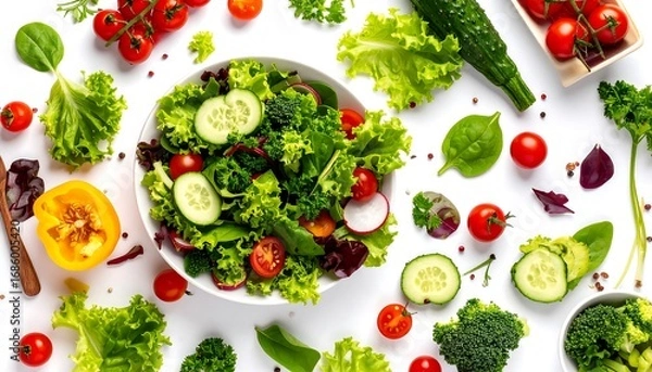 Fototapeta Overhead shot of colorful salad ingredients arranged on white background, fresh and vibrant