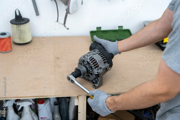 Fototapeta A person repairs a car alternator in a workshop, using a wrench while wearing gloves. The workbench showcases various tools and components for the repair.