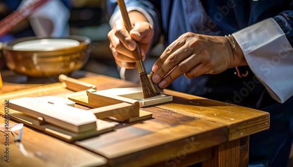Fototapeta Close-up of artisan applying varnish to wooden piece